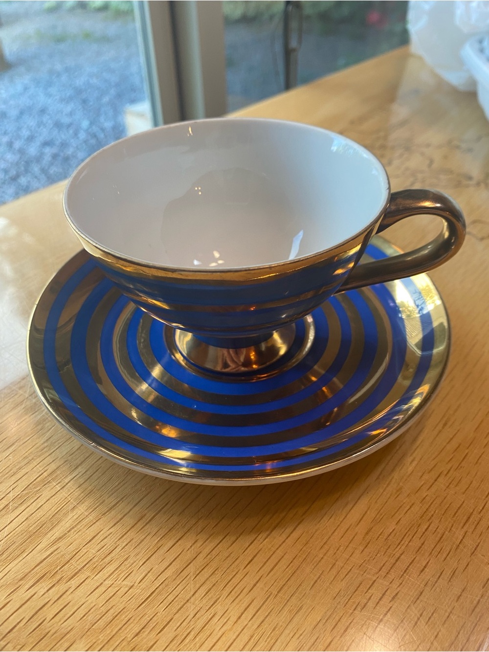 Vintage MCM Stafford Japan Teacup and Saucer Set Gold And Blue Metallic Striped